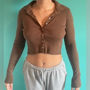 Brown Button-Up Long Sleeve Polo